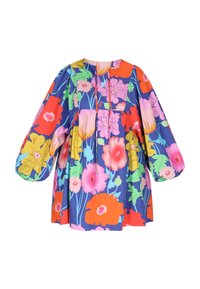 Tunika con motivo floreale in colori vivaci (rosso, rosa, blu, verde). Presenta una vestibilità ampia, intricati disegni di fiori e maniche voluminose.