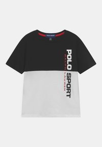 Black and white t-shirt featuring a round neckline, short sleeves, and "POLO SPORT RALPH LAUREN" printed in bold red and white text.