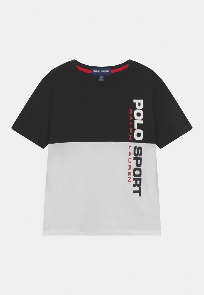 Black and white t-shirt featuring a round neckline, short sleeves, and "POLO SPORT RALPH LAUREN" printed in bold red and white text.