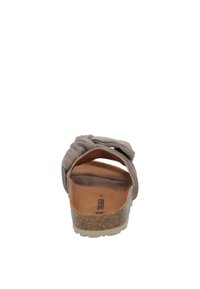 Gray fabric slide sandal with a twisted front design, cork midsole, and a flat rubber outsole. Rounded back for easy wear.