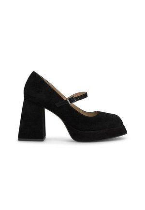Scarpe Mary Jane in suede nero con punta arrotondata, cinturino regolabile e tacco spesso. Presentano una suola piattaforma per un comfort aggiuntivo.