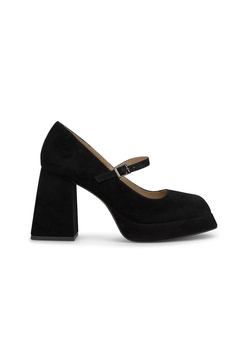 Scarpe Mary Jane in suede nero con punta arrotondata, cinturino regolabile e tacco spesso. Presentano una suola piattaforma per un comfort aggiuntivo.