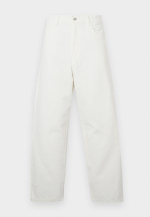 Bílé džíny s širokými nohavicemi vyrobené z bavlny, s klasickým designem pěti kapes a kovovým knoflíkem na zapínání v pase. Hladká textura.