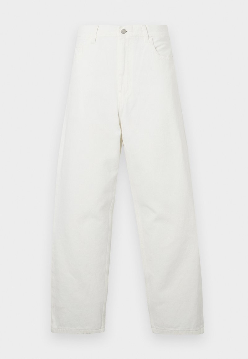 Jeans bianchi a gamba larga in cotone, con il classico design a cinque tasche e chiusura con bottone metallico in vita. Tessuto liscio.