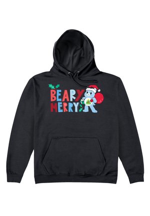 Czarna bluza z kapturem z graficznym nadrukiem tekstu "BEARY MERRY", z rysunkowym misiem w czapce Mikołaja i świątecznymi akcentami.
