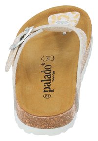 Ciabatte con plantare in sughero, dotate di una fascia a disegni grigio chiaro e bianco, fibbia argento e plantare in suede naturale. Logo testuale sulla soletta.