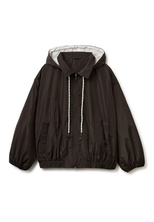 Ciemnobrązowa kurtka z kapturem z białymi troczkami, przednim zamkiem błyskawicznym, elastycznymi mankietami i pasem oraz bocznymi kieszeniami, ułożona płasko na białym tle.