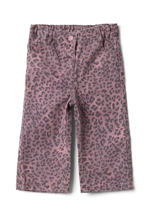 Pink weite Kinderhose mit dunklem Leopardenmuster, elastischem Bund, Knopf vorne, Gürtelschlaufen und Vordertaschen.