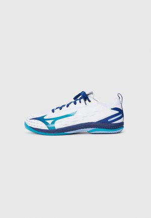 Athletic shoe with a white mesh upper, blue and teal accents, textured sole, and blue laces. Features a smooth, streamlined design.