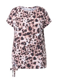 Krátký rukáv top s hnědým a bílým leopardím potiskem, vyrobený z měkké tkaniny s detailem zavazování na spodním okraji pro nastavitelný střih.