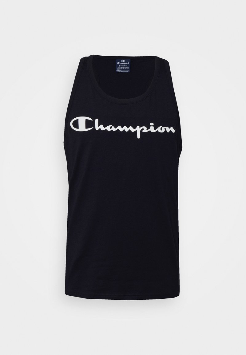 Débardeur en coton noir avec un col rond et sans manches. Avec un logo blanc "Champion" sur la poitrine.