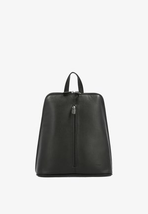 Sac à dos en cuir noir avec une poignée supérieure et une poche zippée verticale centrale sur le devant, présenté sur fond blanc.