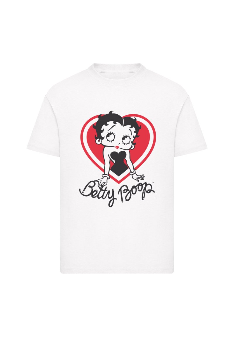 White cotton t-shirt featuring a graphic of Betty Boop within a red heart, with black outlines and accents. Text reads "Betty Boop."