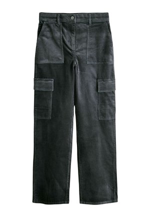 Dark gray corduroy cargo pants with front pockets, flap side pockets, button closure, and belt loops.