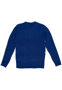 Maglione blu lavorato a maglia con maniche lunghe, scollo rotondo e polsini e orlo a costine. Presenta strisce bianche orizzontali sui lati.