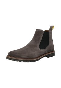 Graue Wildleder Chelsea-Stiefel mit schwarzen elastischen Seitenteilen, runder Zehenpartie und strukturiertem Gummisohle. Verfügt über eine Zuglasche und gestickte Akzentdetails.