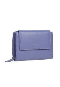Purple leather wallet with a flap closure, zippered compartment, and smooth texture. Features the brand name "MANTRE" embossed on the front.