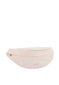 Beige Bauchtasche aus weichem, strukturiertem Stoff mit geschwungener Form, ausgestattet mit einem Reißverschluss und einem kleinen, auf der Vorderseite eingeprägten Logo.