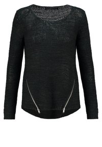 Svart stickad tröja med långa ärmar, en rundad halsringning och snedställda dragkedjor på sidorna. Strukturerad tyg med en loose fit.