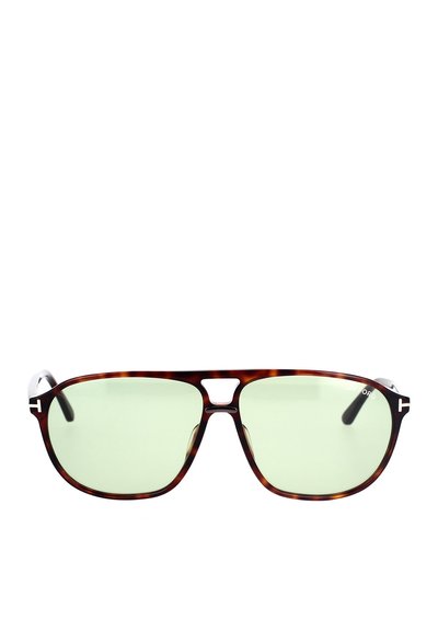 Occhiali da sole in tartaruga marrone con lenti verdi, dettagli in metallo sottile e un design del ponte distintivo. Tempie dritte con un logo su un lato.
