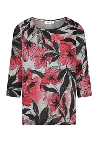 Grauer Pullover mit Dreiviertelärmeln, der mit einem floralen Druck in Rot und Schwarz verziert ist. Weicher Stoff mit Rundhalsausschnitt und lässiger Passform.