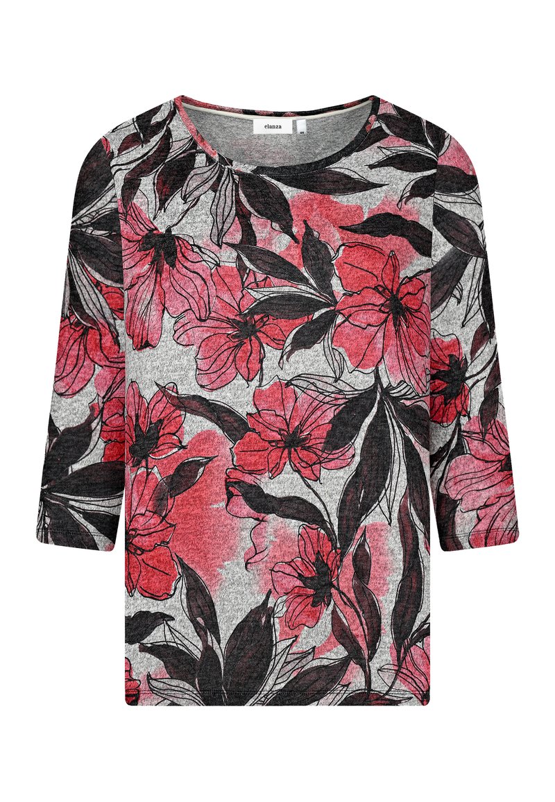 Grauer Pullover mit Dreiviertelärmeln, der mit einem floralen Druck in Rot und Schwarz verziert ist. Weicher Stoff mit Rundhalsausschnitt und lässiger Passform.