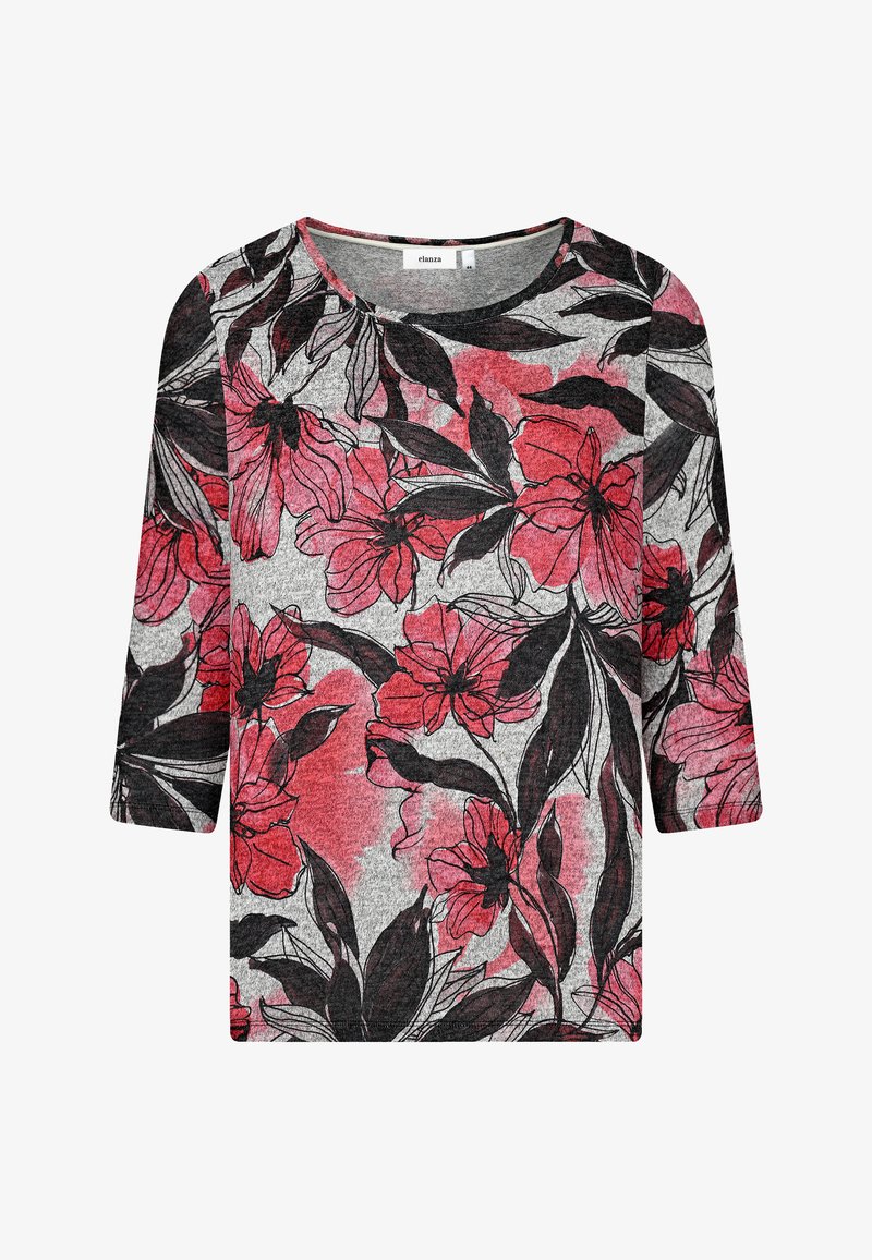 Grauer Pullover mit Dreiviertelärmeln, der mit einem floralen Druck in Rot und Schwarz verziert ist. Weicher Stoff mit Rundhalsausschnitt und lässiger Passform.