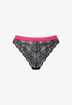 Black lace thong with floral pattern, sheer texture, and pink striped waistband. Features a small pink bow at the center front.