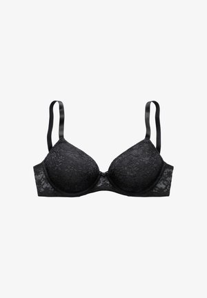Black lace padded bra with adjustable straps and underwire support, designed for comfort and style.