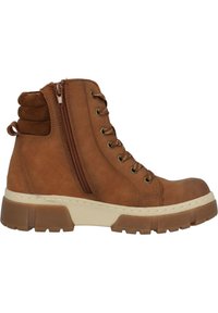 Botín marrón hasta el tobillo con un acabado de cuero texturizado, diseño de cordones, cremallera lateral, cuello acolchado y suela gruesa y estriada.