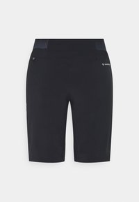 Černé šortky z pružného materiálu, ke kolenům, s texturovaným pasem a malým logem na spodní straně.