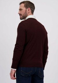 Bordeaux trui met een klassieke ronde hals, geribbelde manchetten en zoom, gelaagd over een gestreept wit shirt, gecombineerd met een donkere spijkerbroek.