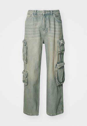 Cargo jeans in faded green denim, featuring a straight-leg cut, multiple side pockets, and subtle fading patterns on the fabric.