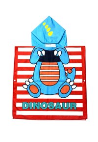 Dinosaur-temat poncho i blått och rött, med en huva med gula detaljer och en stor tecknad dinosaurie på en randig bakgrund.