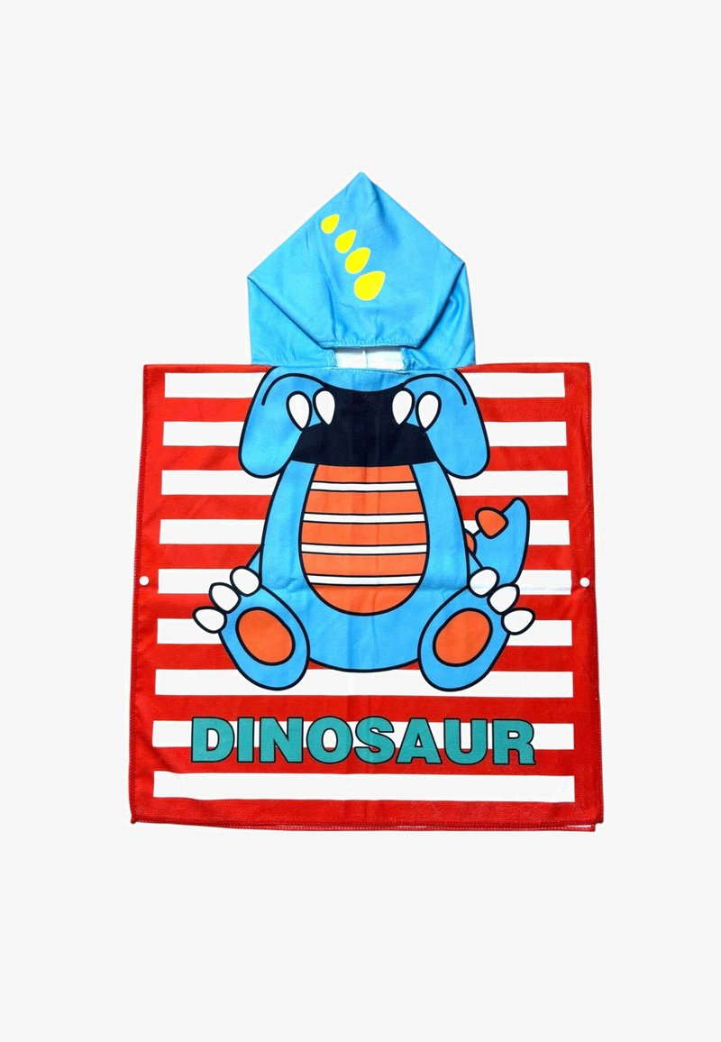 Dinosaur-temat poncho i blått och rött, med en huva med gula detaljer och en stor tecknad dinosaurie på en randig bakgrund.