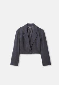 Κοντό σκούρο γκρι σακάκι με δομημένο γιακά, κλείσιμο με έναν μόνο κουμπί και μακριά μανίκια. Ελαφριά υφή με λεπτομέρεια μπροστινής τσέπης.