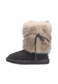 Schwarze Wildlederstiefel in Mittelwadenhöhe, ausgestattet mit einem weichen, beigen Kunstpelzbund und einer dekorativen Schnürung, strukturiertem Sohlen und runder Zehenpartie.