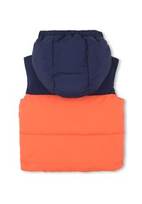 Gilet imbottito con cappuccio blu navy e parte superiore, e parte inferiore arancione. Texture liscia e dettaglio elastico all'orlo.