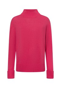 Fuchsia coltrui gemaakt van zachte brei-stof. Heeft lange mouwen met geribbelde manchetten en een brede geribbelde zoom. Eenvoudig, strak ontwerp.