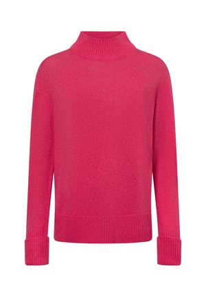 Fuchsia-Turtleneck-Pullover aus weichem Strickstoff. Verfügt über lange Ärmel mit gerippten Bündchen und einem breiten gerippten Saum. Einfaches, klares Design.