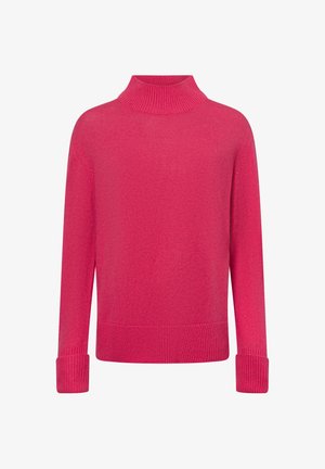 Fuchsia-Turtleneck-Pullover aus weichem Strickstoff. Verfügt über lange Ärmel mit gerippten Bündchen und einem breiten gerippten Saum. Einfaches, klares Design.