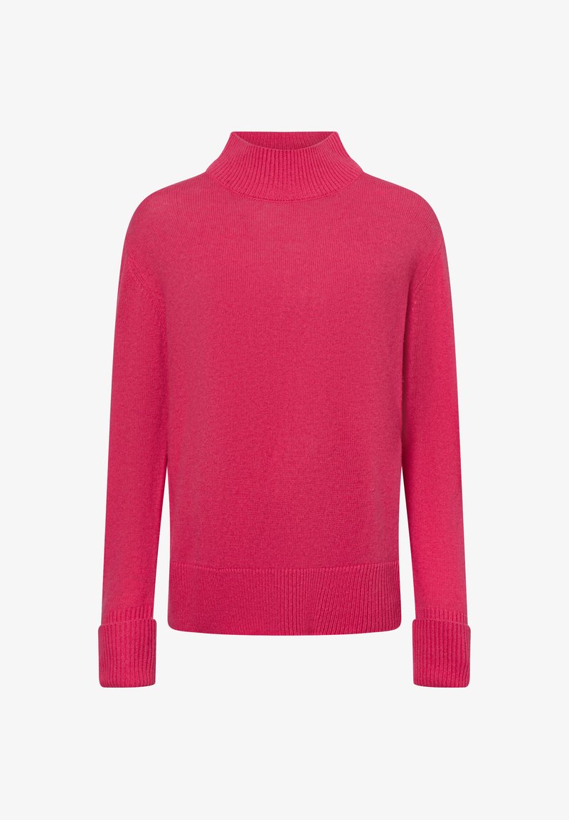 Fuchsia-Turtleneck-Pullover aus weichem Strickstoff. Verfügt über lange Ärmel mit gerippten Bündchen und einem breiten gerippten Saum. Einfaches, klares Design.