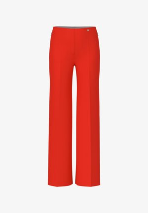 Red wide-leg trousers made of smooth fabric with a flat front, featuring a discrete metal button and no visible patterns or embellishments.
