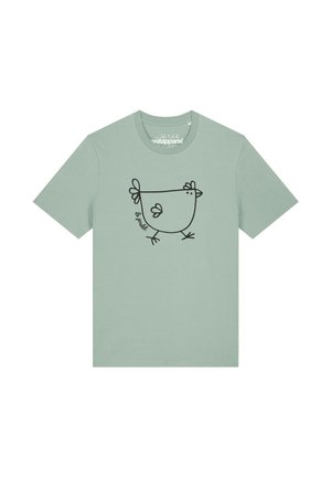 Hellgrünes T-Shirt mit kurzen Ärmeln, mit einer einfachen schwarzen Strichzeichnung eines Huhns und dem Text "le poulet" auf der Vorderseite.