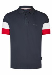 Marineblaues Poloshirt mit einer Knopfleiste mit drei Knöpfen. Kurze Ärmel mit rot-weißen Streifen. Dezentes Logo auf der Brust. Lässige Passform und glatte Textur.