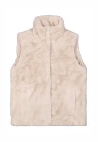 Chaleco sin mangas de pelo sintético en color beige claro con un cuello alto y bolsillos laterales. Textura suave con un acabado liso, que presenta detalles de costura mínimos.
