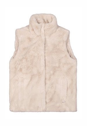Chaleco sin mangas de pelo sintético en color beige claro con un cuello alto y bolsillos laterales. Textura suave con un acabado liso, que presenta detalles de costura mínimos.