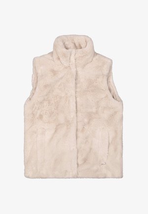 Gilet sans manches en fausse fourrure beige clair avec un col montant et des poches latérales. Texture douce avec une finition lisse, mettant en avant des détails de couture minimaux.
