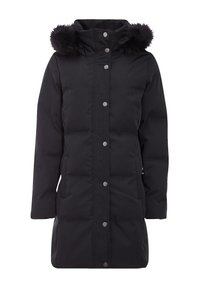 Manteau noir sans manches avec une capuche en fausse fourrure amovible, des boutons-pression, deux poches latérales et une silhouette droite. Tissu lisse et isolé.