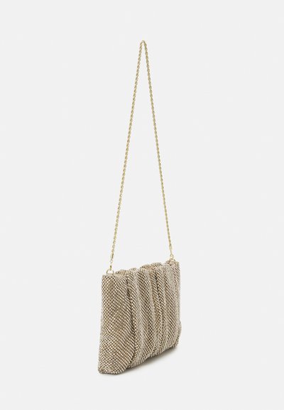 Metallic gold shoulder bag with a textured, pleated exterior. Features a thin, twisted chain strap and a rectangular shape.